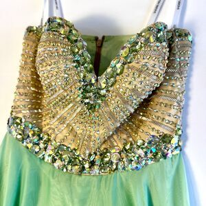 10308 Size 6 Sherri Hill strapless a-line beaded and jeweled mint green